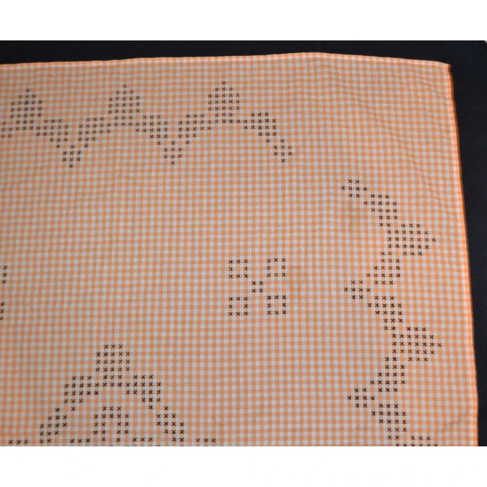 Vintage Tablecloth Orange Gingham Black Cross Stitch